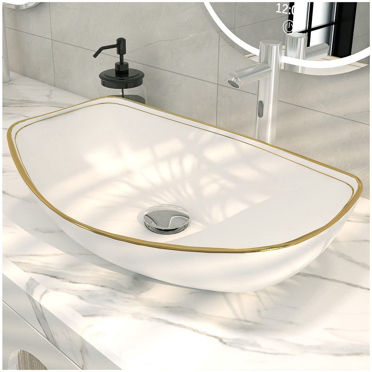 Dailygoods- Wastafel Luxe Design - Ovale Keramische Vat - Gouden Rand - Buitenafmetingen 56,5 x 40 x 15,5 cm - Standaard Afvoeropening 4,5 cm - Eenvoudige Installatie - Gootsteen