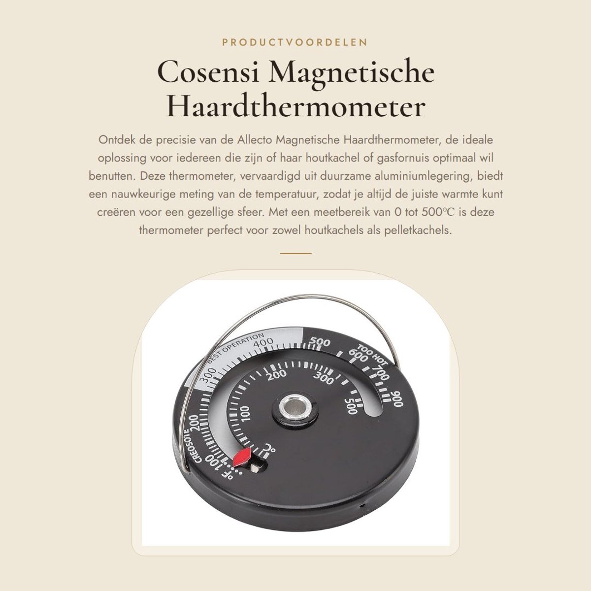 Dailygoods- Haardthermometer Magnetisch - Fornuisthermometer - Kachelthermometer - Oventemperatuurmeter - Aluminiumlegering - Schaalbereik 0-500℃