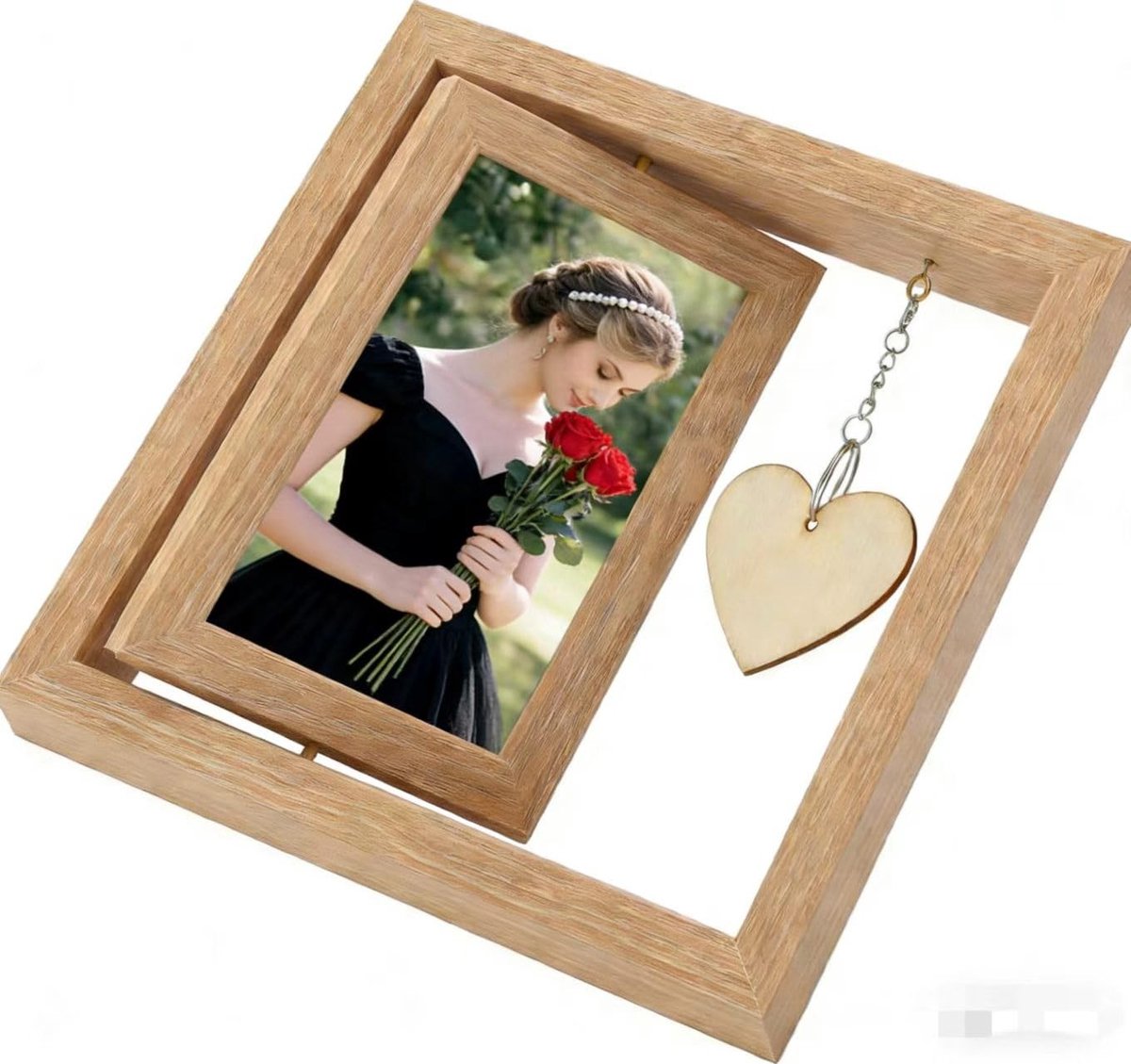 Dailygoods - Fotolijst 10 x 15 cm, in houtlook, draaibare dubbelzijdige fotolijst van hout met hartvormige hanger, personaliseerbare doe-het-zelf houten lijst, voor verjaardag of oogstfeest
