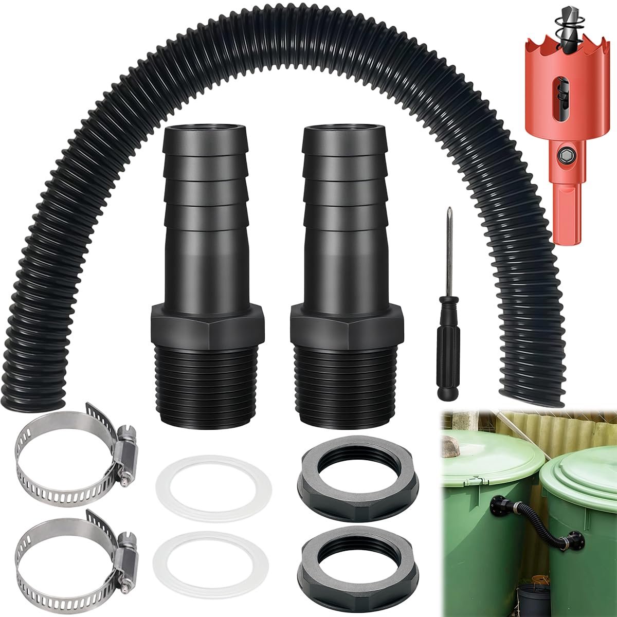 Regentonnen verbindingsset, Regentonnen aansluitset, Regentonnen verbinder, met 50 cm slang, overloop regenton, regentonnendoorvoer, voor het verbinden van regenton, watertank en zisterne