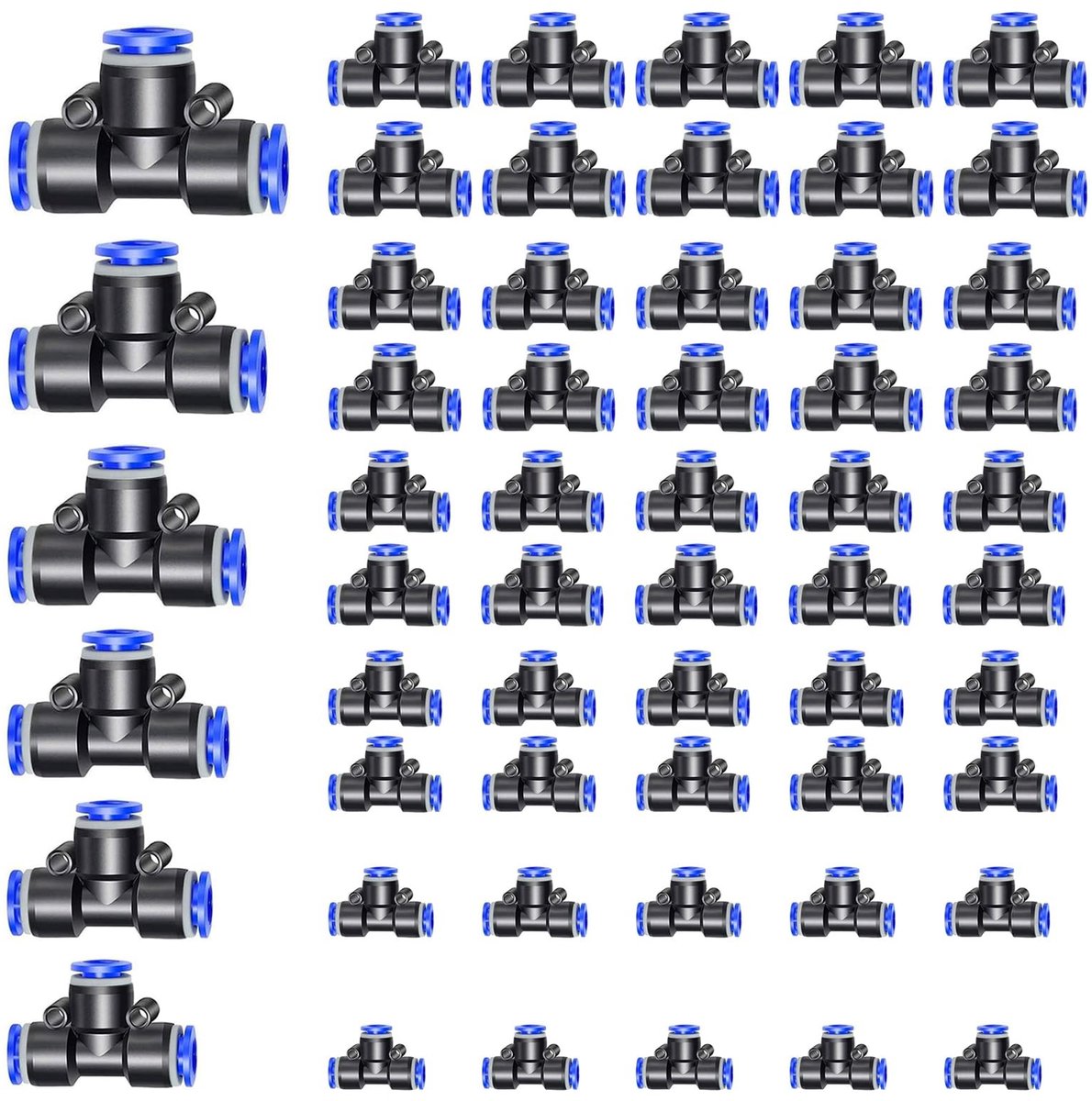 Dailygoods - 50 stuks 3-weg T-stukken, pneumatische stekkerverbinding, push in connect pneumatische fitting, kunststof buis, PE luchtleidingsadapter voor aansluiting van luchtslang 4/5/6/8/10/12 mm