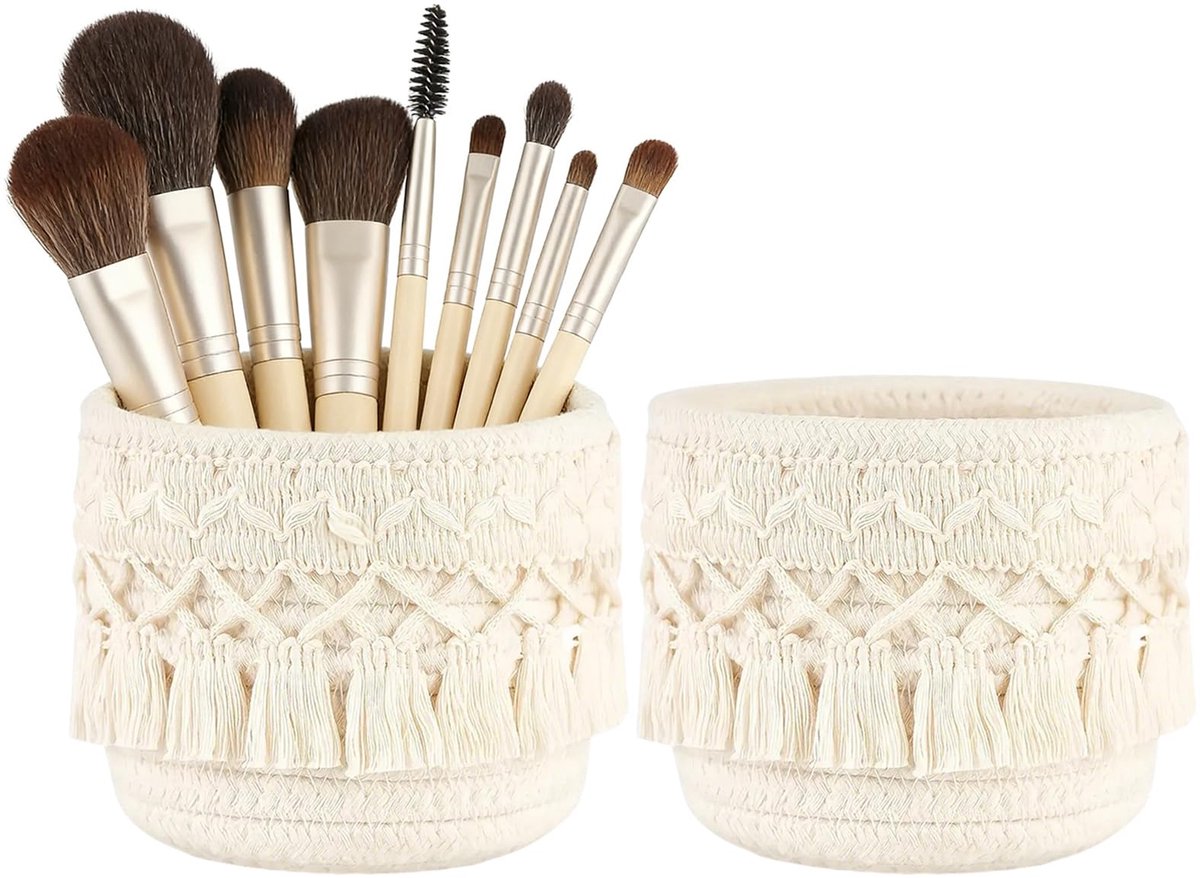 Make-upkwasten, organizer, gevlochten opbergdoos van katoenen touw, 10 x 10 cm, ronde borstelhouder in boho-stijl voor cosmetica, lippenstiften, make-uptafel, badkamer