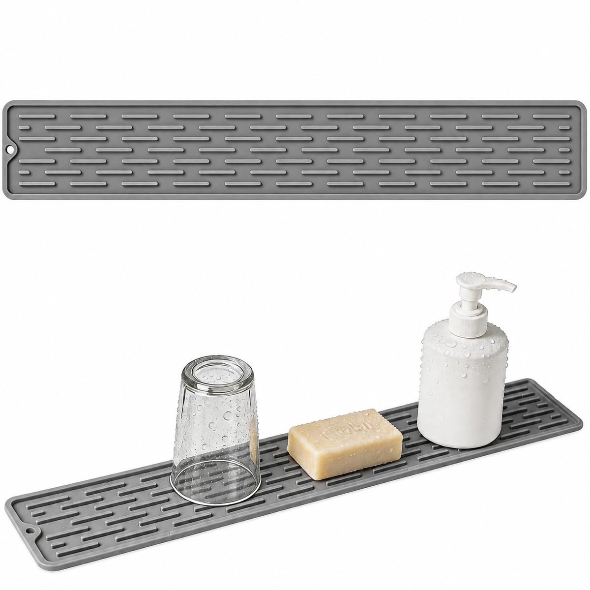 Afdruipmat, smal, van siliconen, 55 x 8,8 cm, antislipmat, smalle barmat, gootsteenorganizer, antislip en duurzaam, droogmat voor babyflessen, glazen en keukenaccessoires, grijs