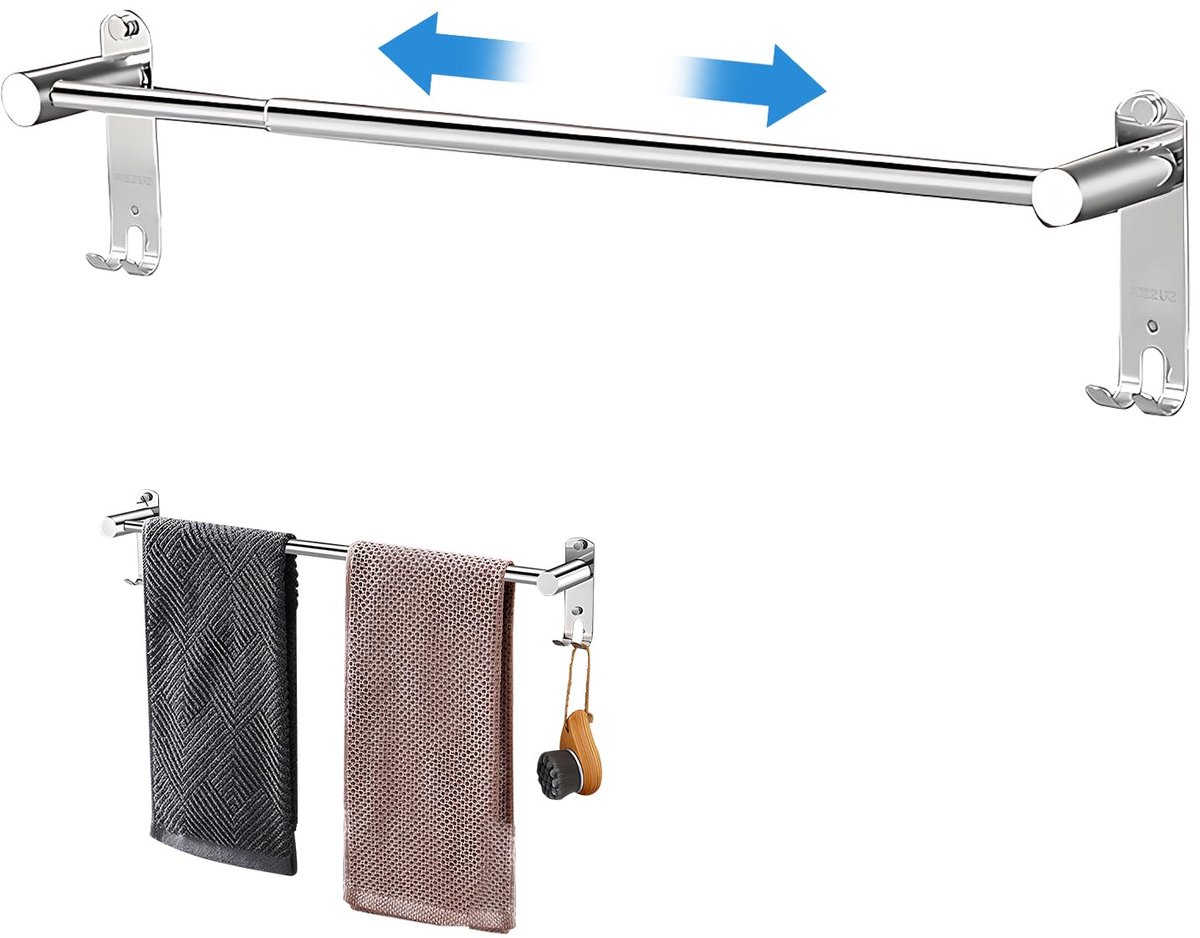 Handdoekhouder verstelbaar 43-75 cm, roestvrijstalen kledinghanddoekhouder met haken, zilv