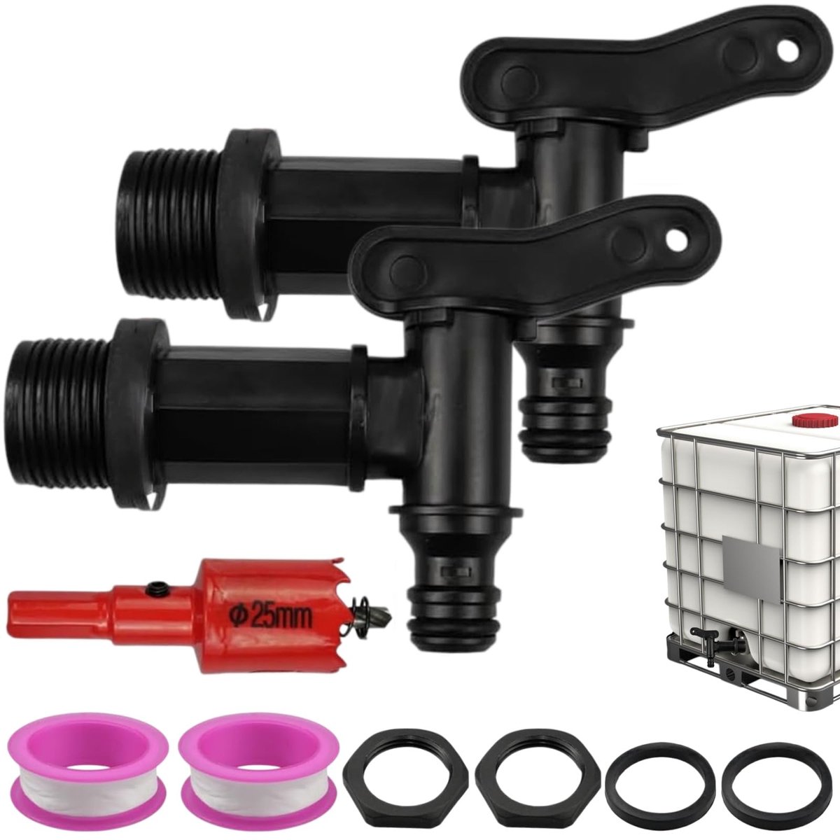 Regenton, 2 stuks, kraan voor watertanks, kraanadapter, kraan voor waterverzamelcontainer, 3/4 inch kunststof reservekraan met afdichting, contramoer, afdichtband