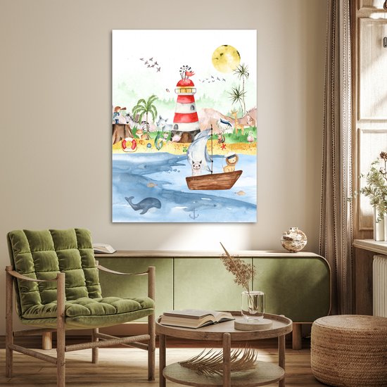 Poster kinderen - Wanddecoratie jongens - Strand - Dieren - Kinderen - Vuurtoren - Poster kinderkamer - 90x120 cm - Decoratie kinderkamers - Kinderkamer decoratie - Poster Babykamer — afbeelding 3