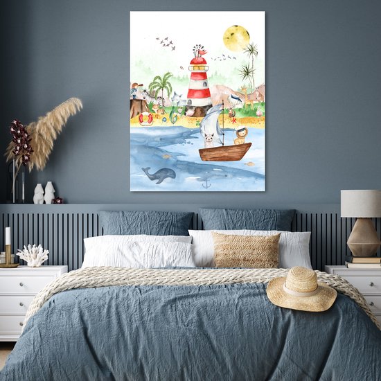 Poster kinderen - Wanddecoratie jongens - Strand - Dieren - Kinderen - Vuurtoren - Poster kinderkamer - 90x120 cm - Decoratie kinderkamers - Kinderkamer decoratie - Poster Babykamer — afbeelding 4
