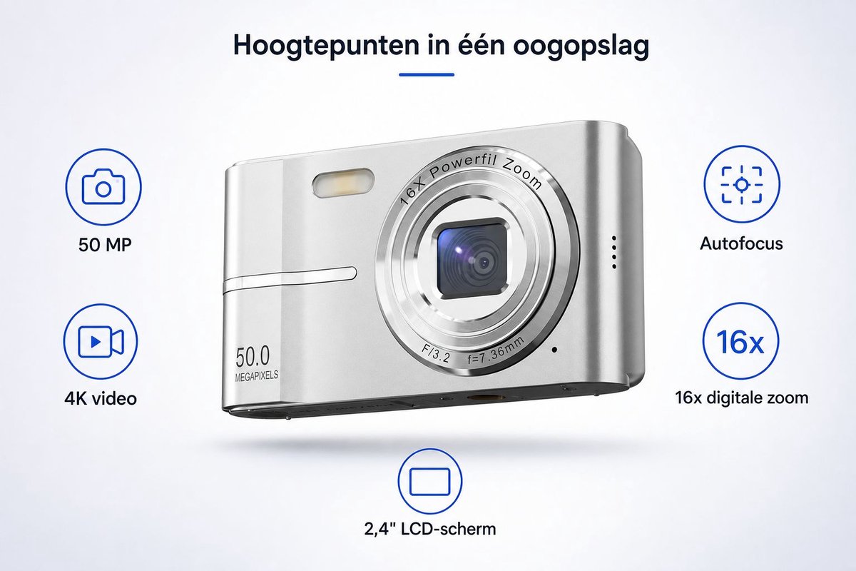 Digitale Camera - 50 Megapixel - 4K Video - 16x Digitale Zoom - 2.4 Inch LCD Scherm - Memory card not included - Compacte Camera voor Vloggen en Fotografie - Autofocus - Wit – foto 2