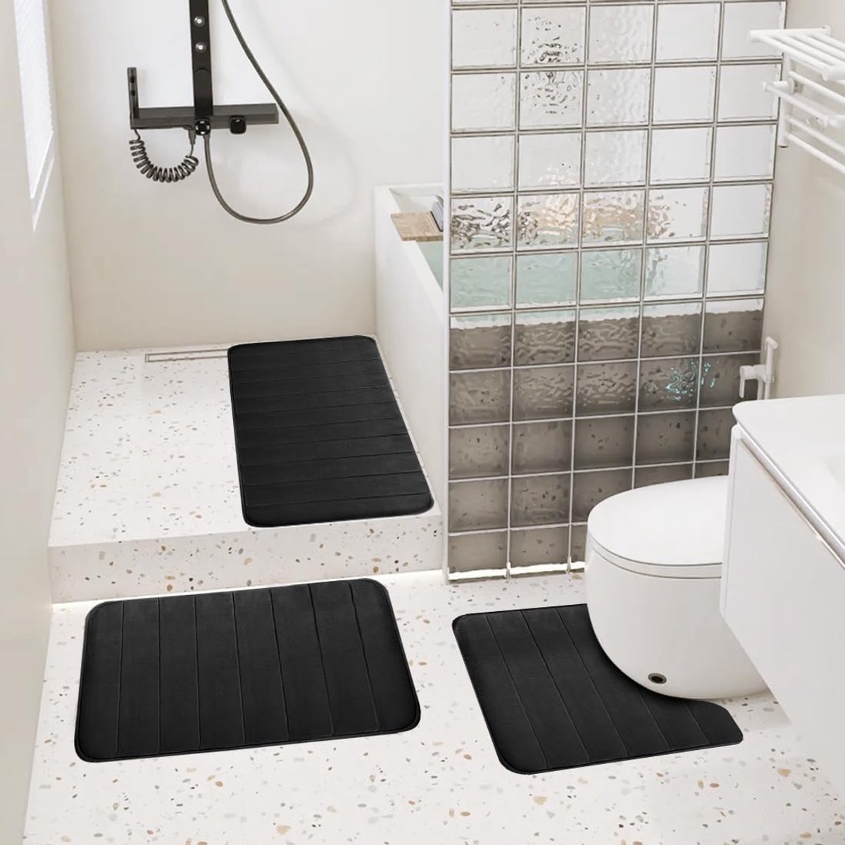 Badmatset 3-delig, zachte badmat van traagschuim en U-vormige wc-mat, antislip, absorberend, wasbaar, badmatset voor toilet, bad, douche (zwart-B)