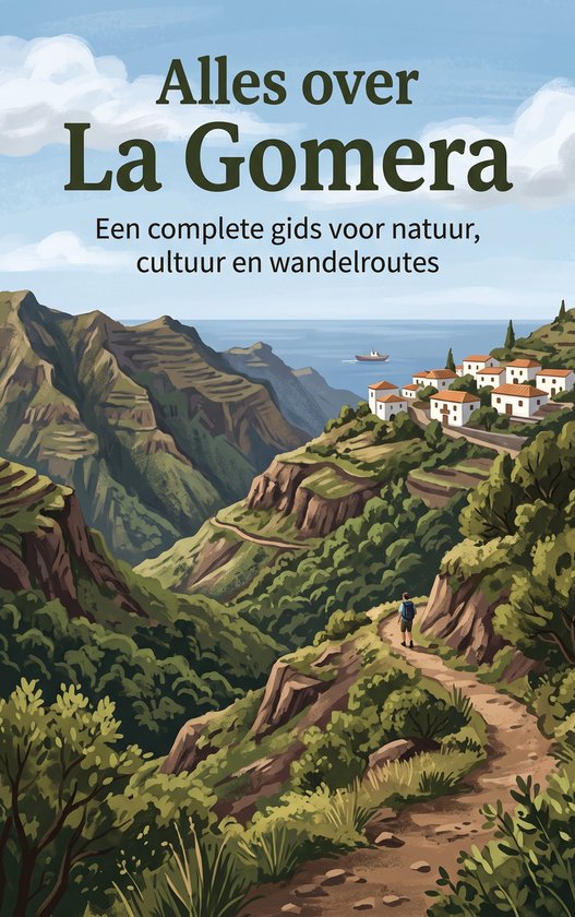 Boekomslag: "Alles over La Gomera", een gids voor natuur, cultuur en wandelroutes, met een wandelaar op een pad in een bergachtig landschap.
