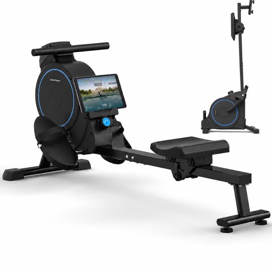 Zwarte roeitrainer met tabletconsole en een kleinere opgestelde versie ernaast.