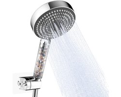 Dailygoods - OFFO gefilterde douchekop, 6 straalsoorten, Groot, Waterbesparend, Met 1.6m slang en wandhouder, Helder handvat met Grijs deksel, Chroom