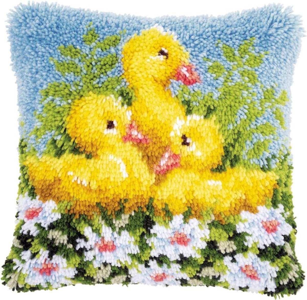 Klink Haak Kussen Kits, Kleine Eend Patroon Gedrukt Sierkussen Cover Decor voor Vakantie, 17X17Inch Haak Tapijt Kussenhoes, DIY 3D Segment Borduurwerk Ambachtelijk Handwerk voor Kinderen Volwas