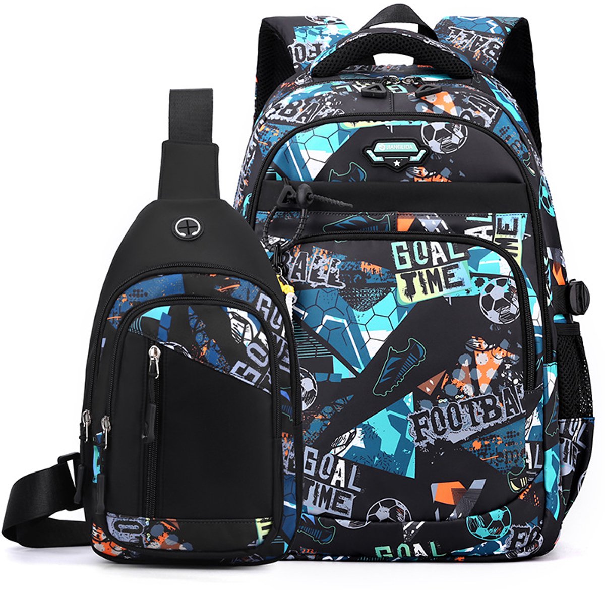 2 Stuks Jongens Voetbal Print Rugzak Set - Grote Inhoud Graffiti Schoolrugzak met Borsttas - Waterafstotende Laptop Boektas voor Tiener Jongens Middelbare School Terug naar School Reizen