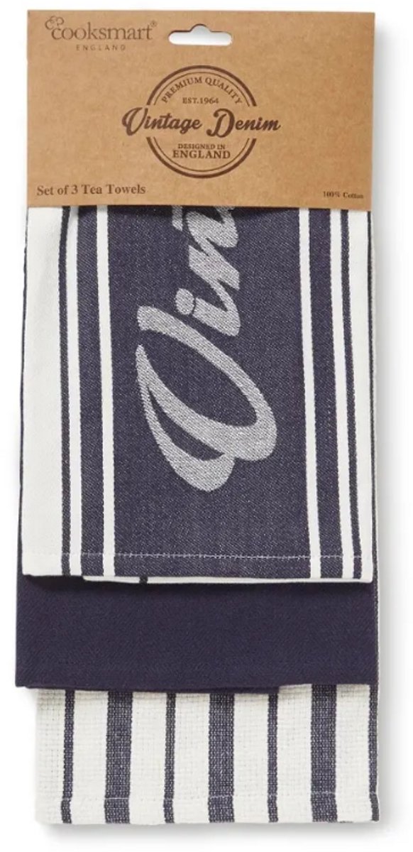 Cooksmart Theedoeken - Set - Per 3 Stuks - Vintage Denim - Blauw - Wit