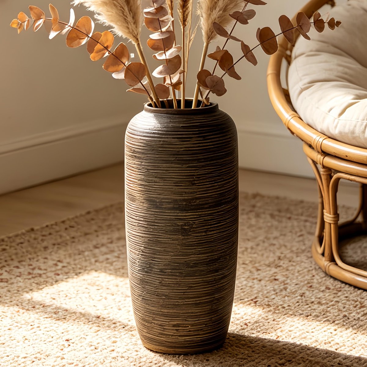 Vaas, 40 cm, vintage boho-vaas voor woondecoratie, gestructureerde terracotta vaas voor woonkamer, plank of entree
