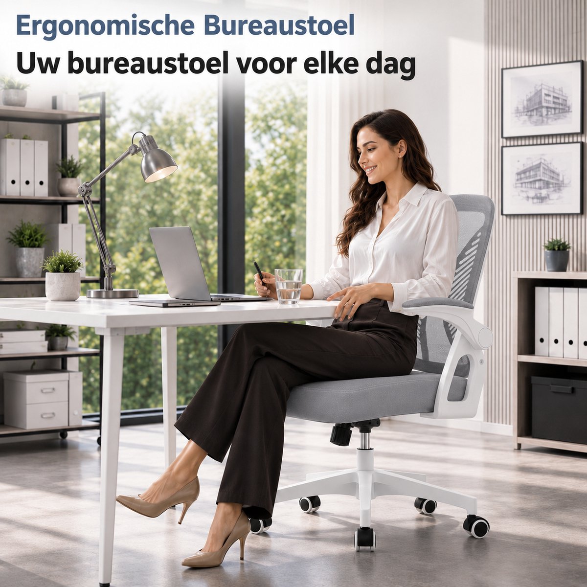 Milacyee Bureaustoel - Ergonomische Bureaustoel – Verstelbare Gaming/Computerstoel met Mesh Rug & Lendensteun – 90° Opklapbare Armleuningen – Directiestoel met Stille Wieltjes – Tot 130 kg Belasting - Grijs - Geschikt voor thuiswerk en kantoor – foto 6