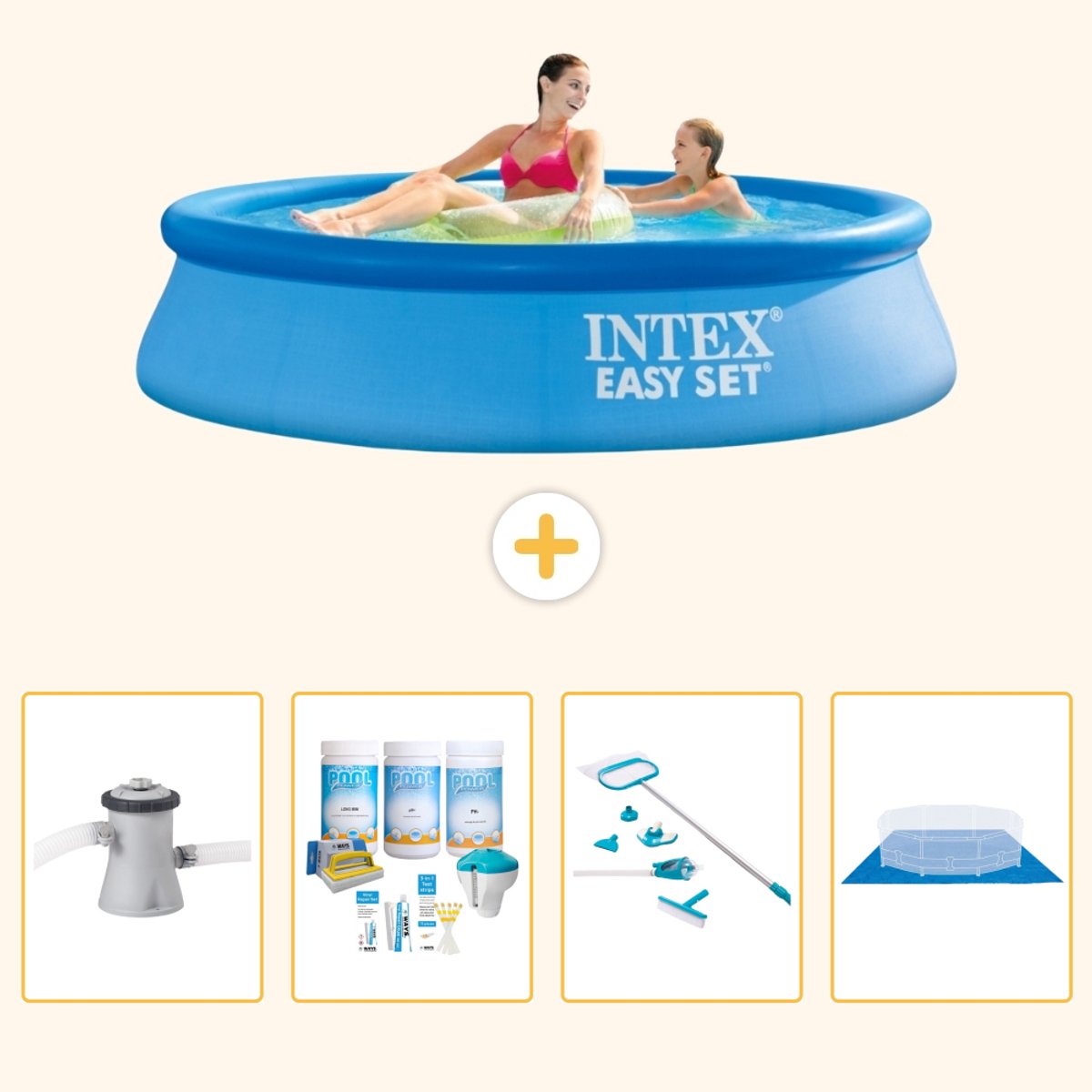 Intex Rond Opblaasbaar Easy Set Zwembad – 244 x 61 cm – Blauw – Inclusief Pomp – Onderhoudspakket – Schoonmaakset – Grondzeil – 5-delig