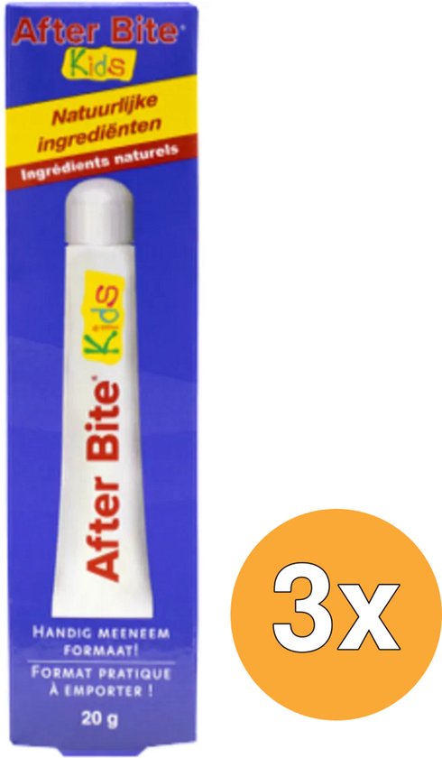 3x tube After Bite Kids, met de tekst 'Natuurlijke ingrediënten' en 'Handig meeneem formaat'.