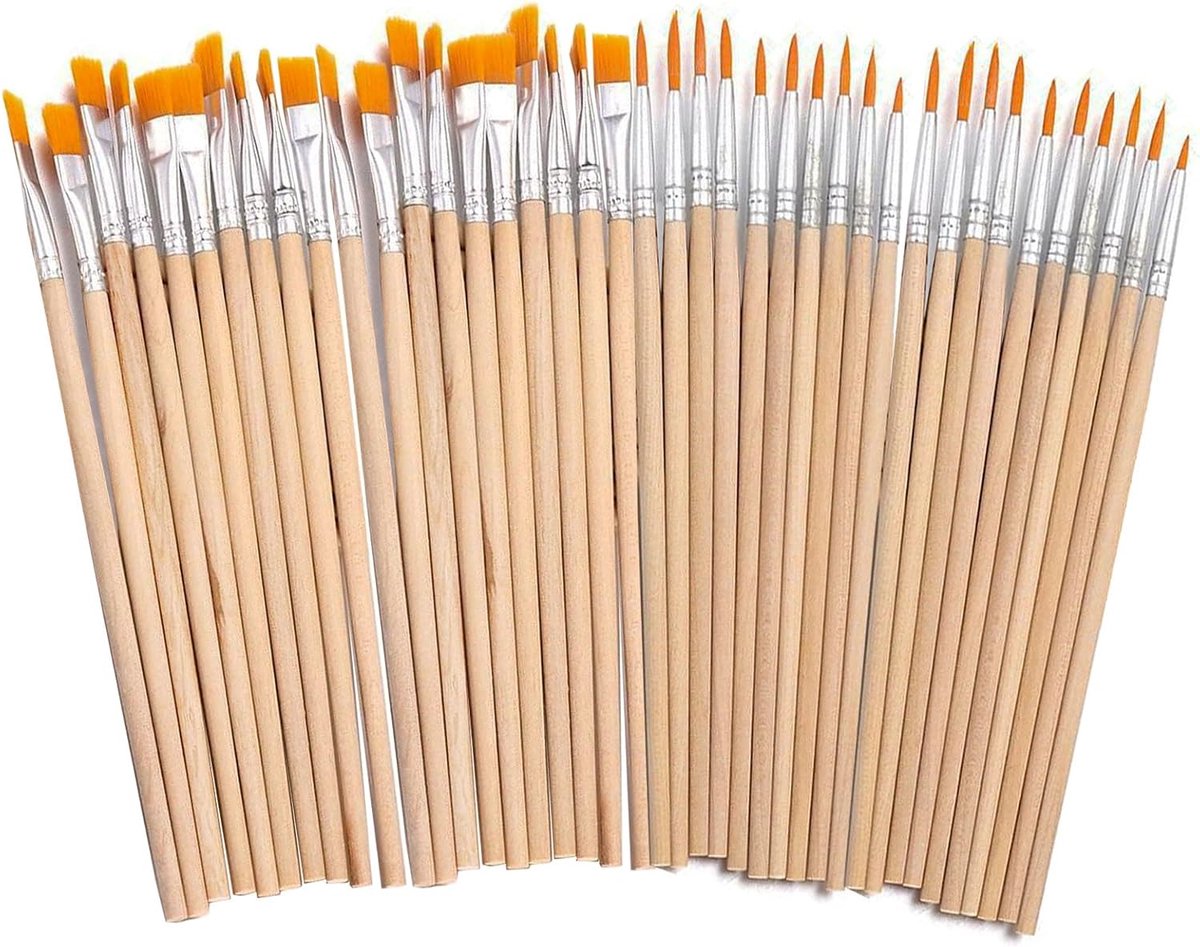 Set van 40 penselen, 20 platte penselen en 20 kleine ronde penselen, voor kunstschilderen en details