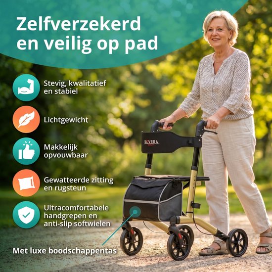 Lachende vrouw met rollator in park, met tekst over stevigheid