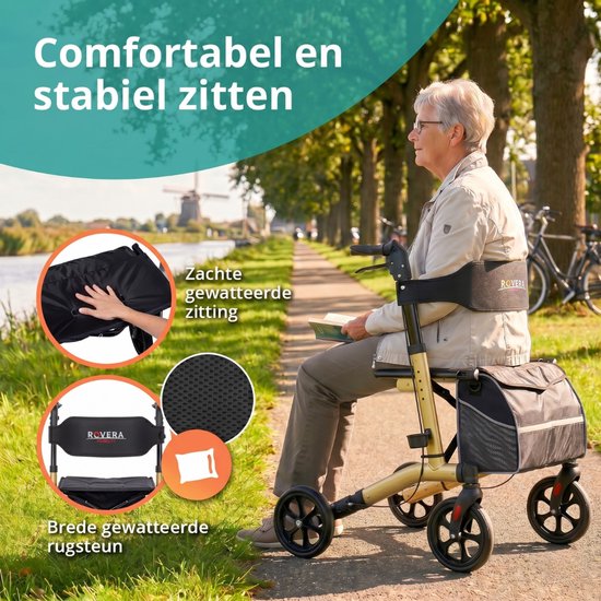 Oudere vrouw zit op gewatteerde zitting van rollator met brede rugsteun