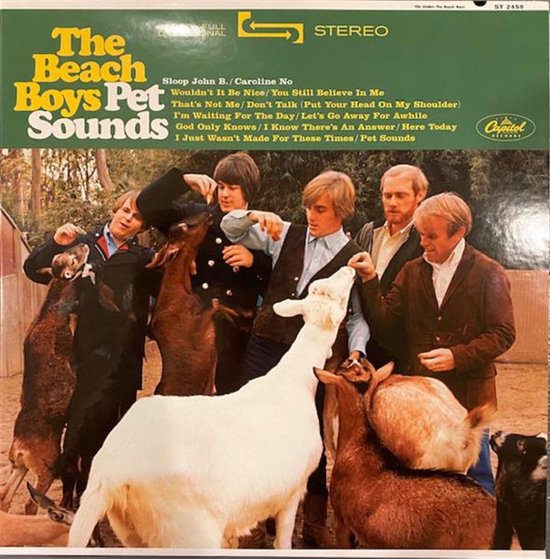 The Beach Boys Pet Sounds albumhoes met de band en geiten, met tracklist.