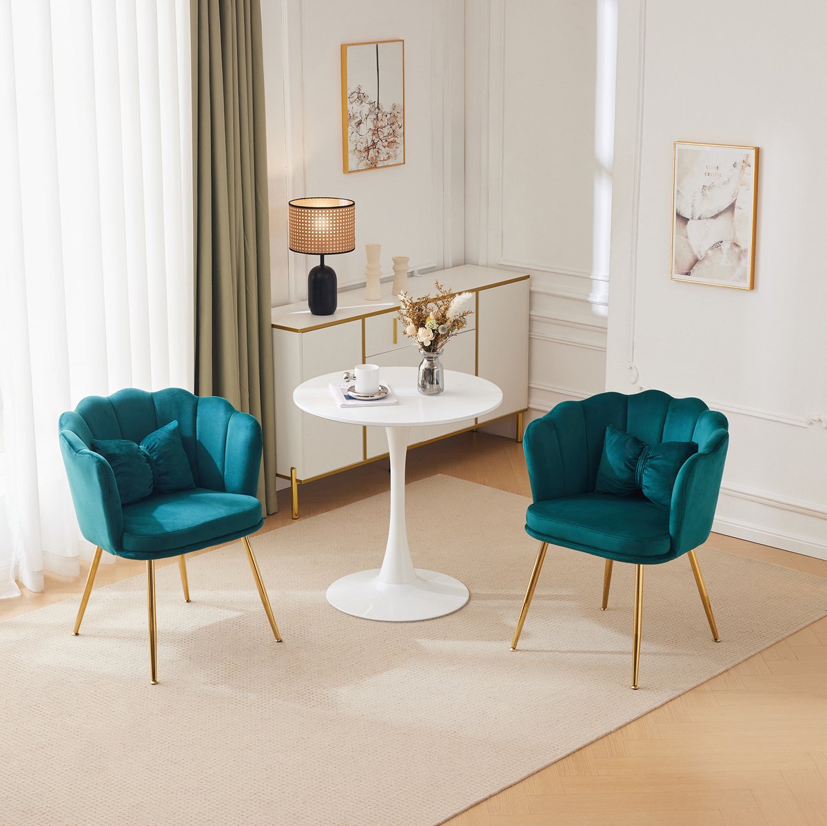 DESMIU Fauteuil Set Van 2 - Fluwelen Bloemblaadje Design Met Armleuningen En Gouden Metalen Poten - Voor Woonkamer, Slaapkamer En Eetkamer - Groen