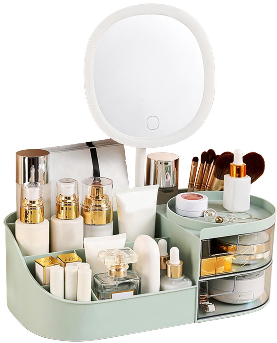 Make-up organizer met oplaadbare spiegel, make-up borstelhouder met 2 laden, huidverzorging en cosmetica organizer aanrecht, grote capaciteit cosmetische vitrine voor ijdelheid, slaapkamer