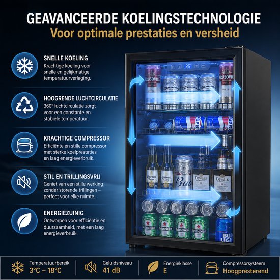 Celestul Drankenkoelkast 90L Zwart - Minibar met Glazen Deur - 126 Blikjes - No Frost - LED Verlichting - Bierkoelkast — afbeelding 5