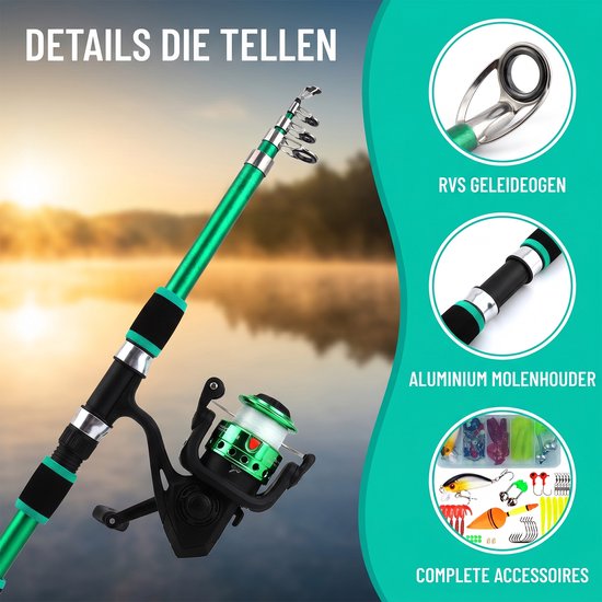 Telescopische Vismolen Hengel 1,8 m - Complete Visset met Molen en Accessoires - Compact en Licht - Groen — afbeelding 5