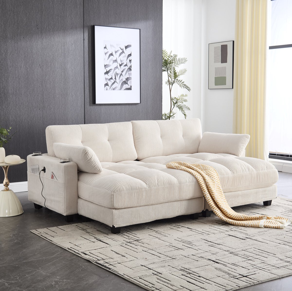 MIVRAY Hoekbank 2-Zits 224 x 140 x 81 cm - Modulair Deelbaar In 2 Stoelen - 4 Bekerhouders En 4 Zijvakken - Woonkamer En Werkkamer - Corduroy Beige