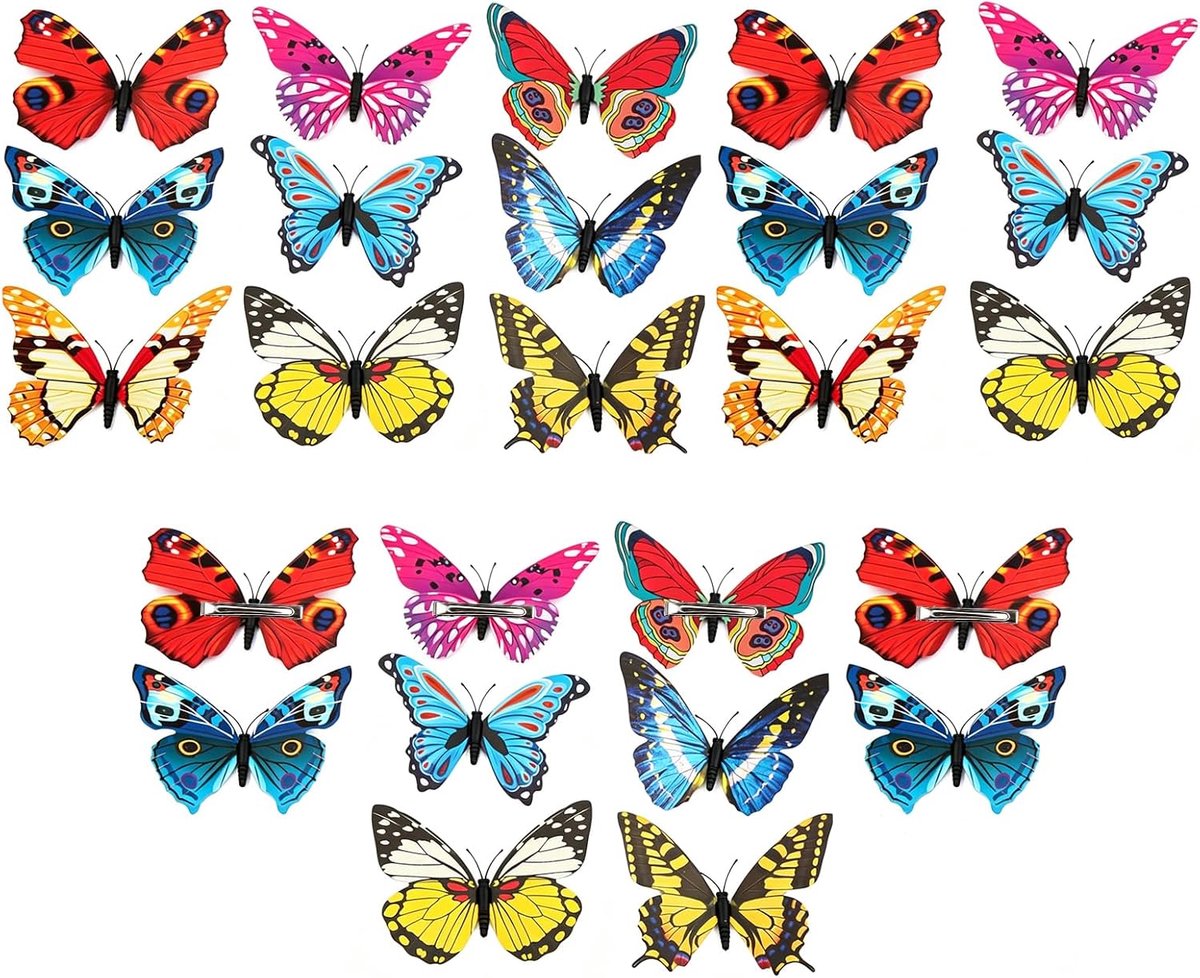 Set van 25 decoratieve 3D-vlinders, meerkleurig, 12 cm, met klemmen, wanddecoratie en tuin, realistische ornamenten voor huis, feest, bruiloft, knutselaccessoires, voedingsspeld inbegrepen