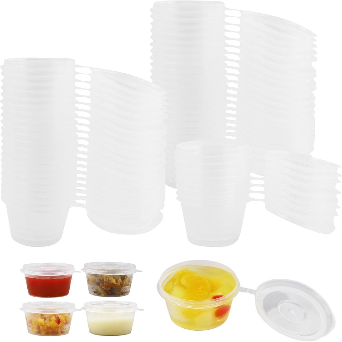 Kleine kunststof potten met deksel, herbruikbare kleine opklapbare sauspotten, 25 ml, ronde mini-potten om mee te nemen, voor delicatessen, portiecontrole, geleishots