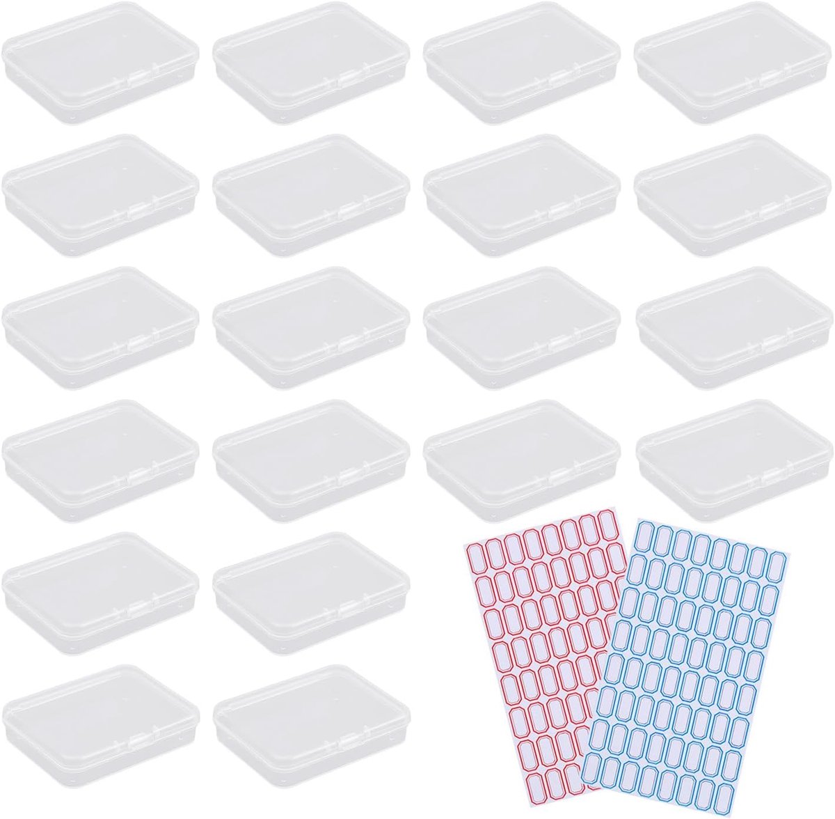 20 stuks transparante dozen, 128 stuks stickers, vierkante onderdelendoos, opbergdoos, transparante kleine doos met deksel, patroon-displaybox, mini-opbergdoos