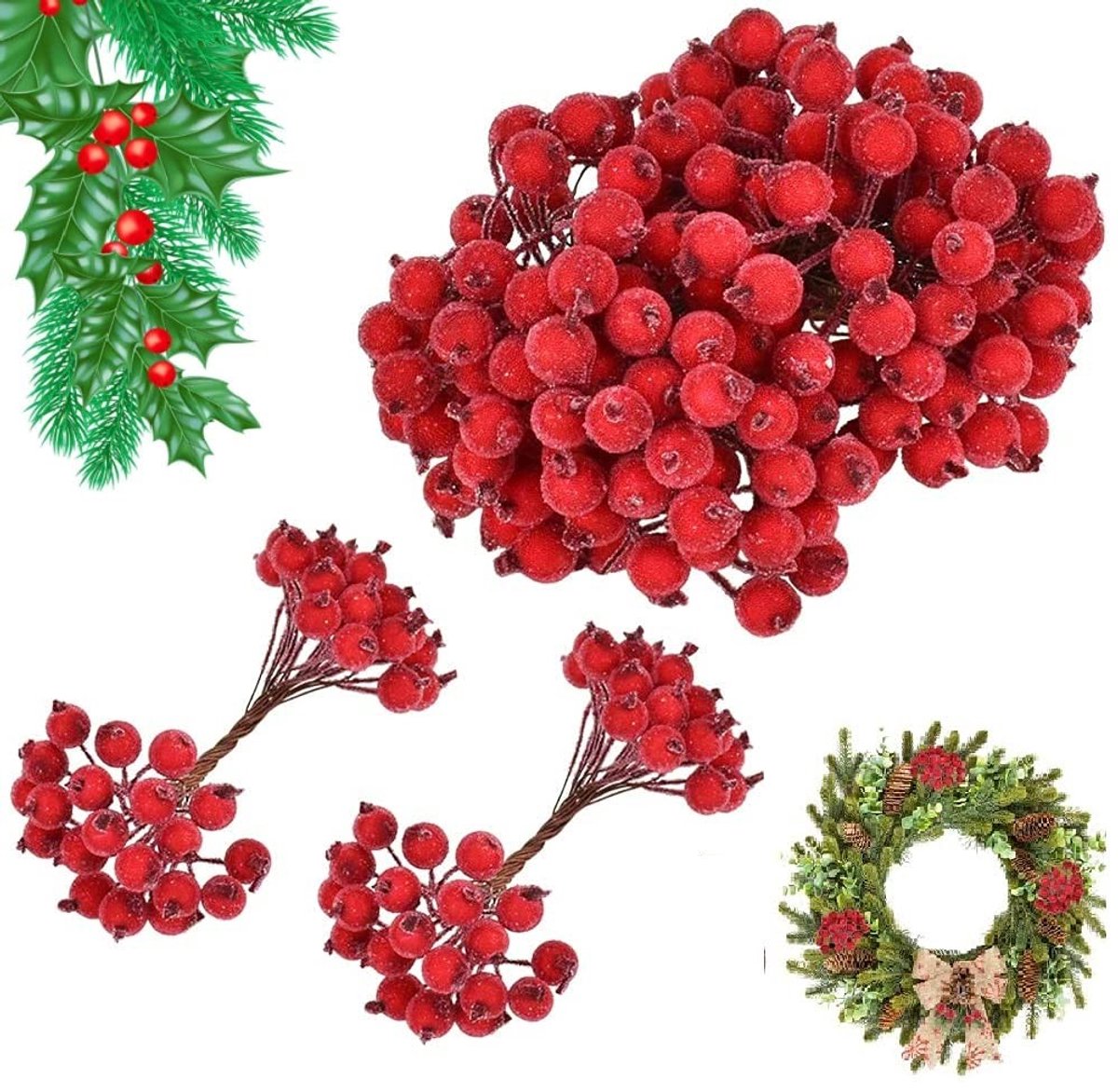Dailygoods- Hulstbessen 400 Stks - Kunstmatige Bessen - Frosted Design - Flexibele Takken - Decoratie voor Kerstboom/Tafel - Levensecht en Kleurrijk - Nep Bessen