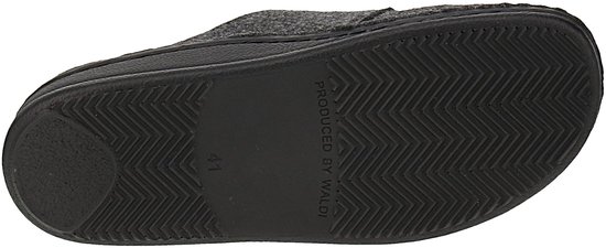Onderkant van een antracietgrijze vilten slipper met visgraatprofiel en "Produced by WALDI" opdruk.