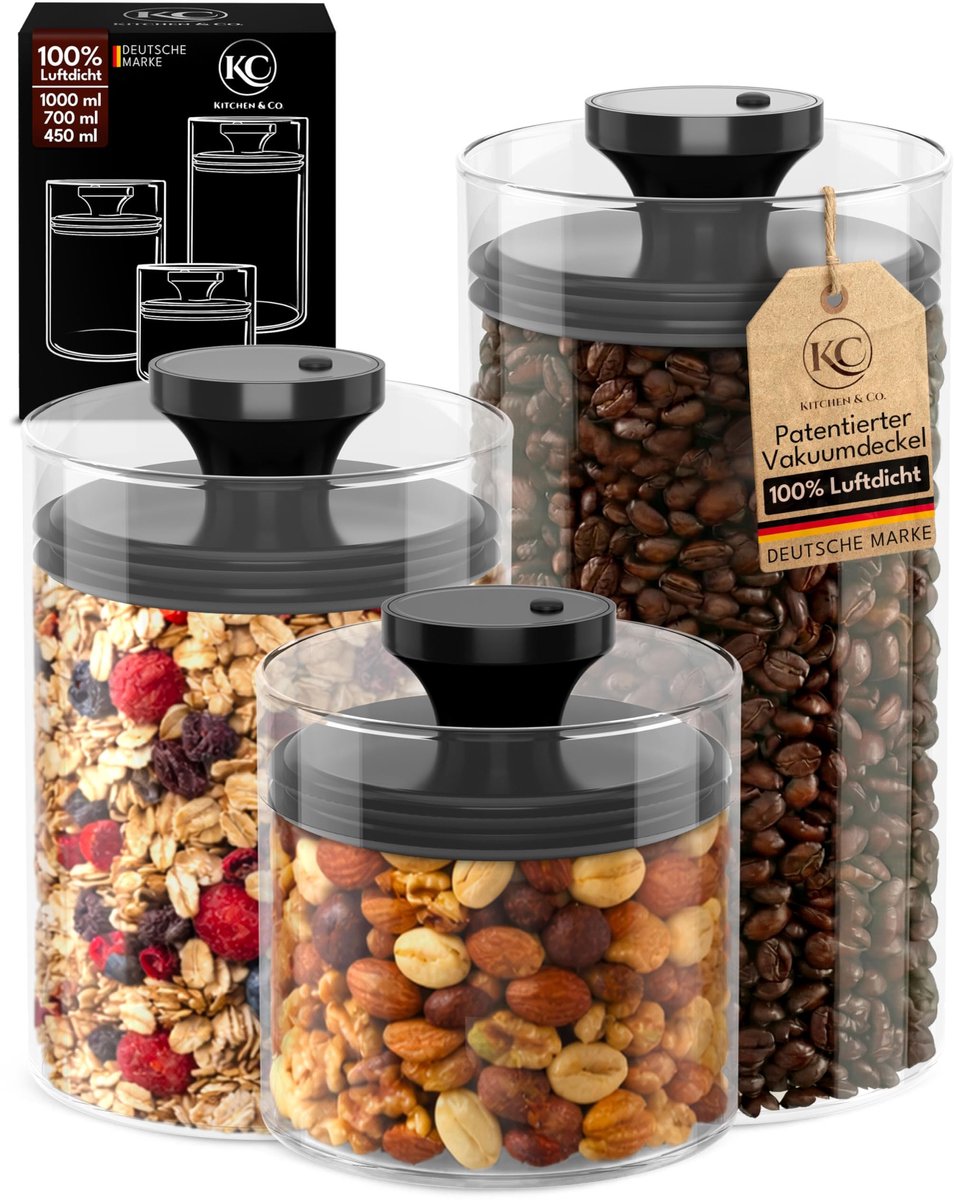 Dailygoods- Voorraadpotten met vacuümdeksel - Luchtdichte opslag - Glazen Voorraadpotten - Set van 3 - BPA-vrij - Duurzame borosilicaatglazen container - Opbergpotten