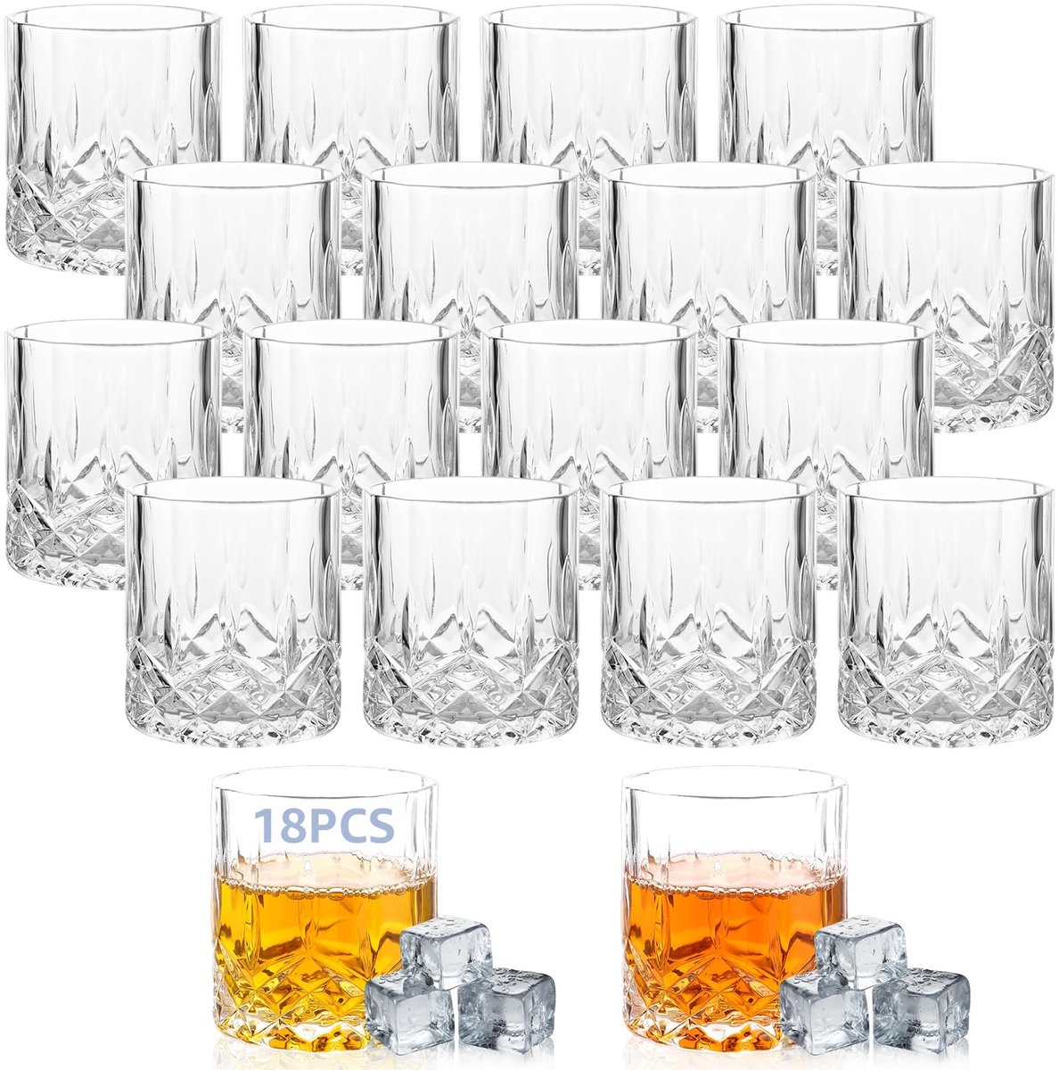 Dailygoods- Tumbler Set van 18 Stuks - Whiskyglazen 200 ml - Kristalglazen met Reliëf - Scotch/Bourbon/Cognac - Elegante Glazen voor Feest - Perfect voor Koude Drankjes - Whiskyglas