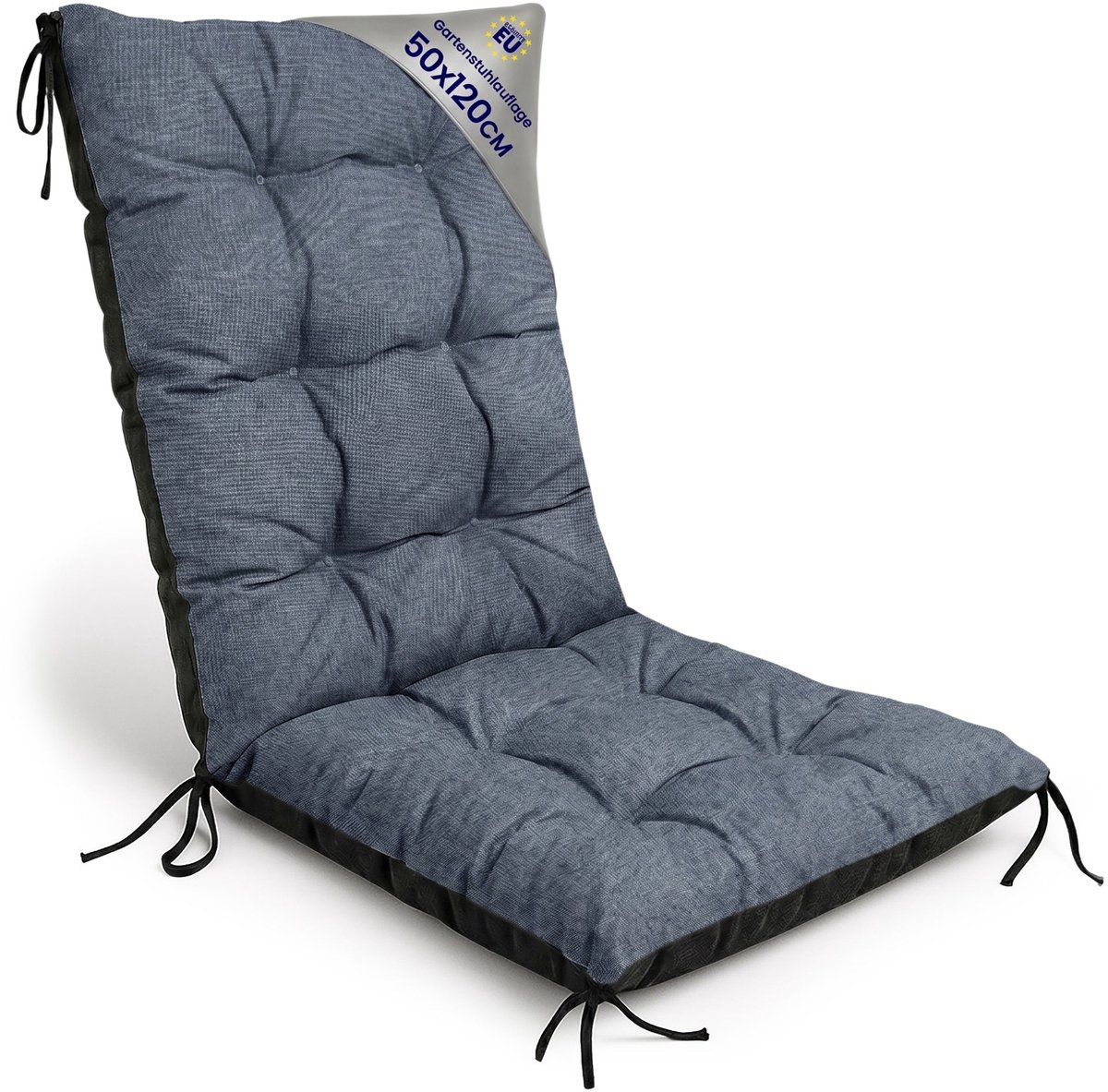 Tuinstoelkussens Hoge Rug 50x120 cm - Kussens voor Tuinstoelen & Standenstoel Terrasstoel Jeans Eco linnen Stoelkussens Tuin Zitkussen Extra Dik 10 cm met Bindlinten