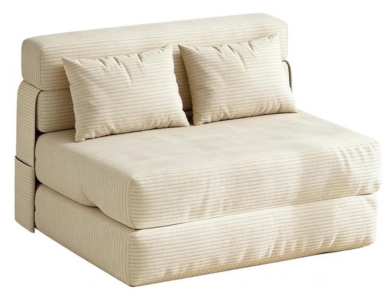 Beige opklapbare slaapbank met twee kussens, op een witte achtergrond. Ribstof textuur.