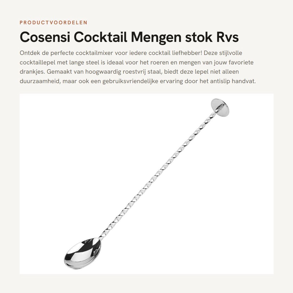 Dailygoods- Cocktaillepel Roestvrij Staal - Lange Steel - Antislip Handvat - Menglepel - Bar Tool - Duurzaam en Corrosiebestendig - Mixlepel