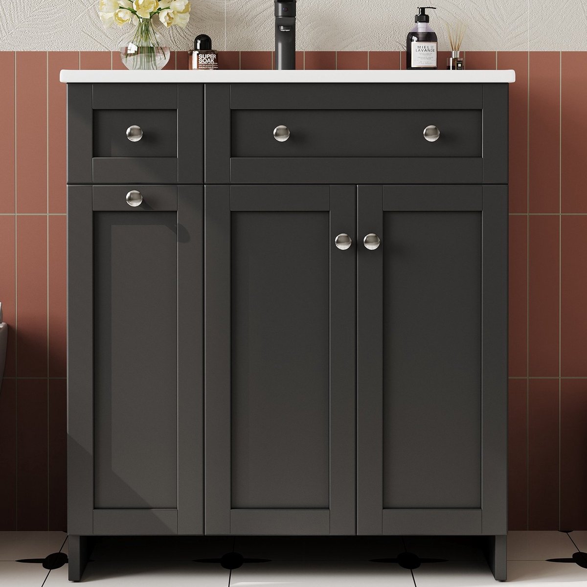 HAUSS SPOLE Badkamerkast - Vrijstaande Wastafelkast Met Keramische Wastafel En 3 Laden - Voor Badkamer - MDF En Keramiek - 76x47x86 Cm - Zwart