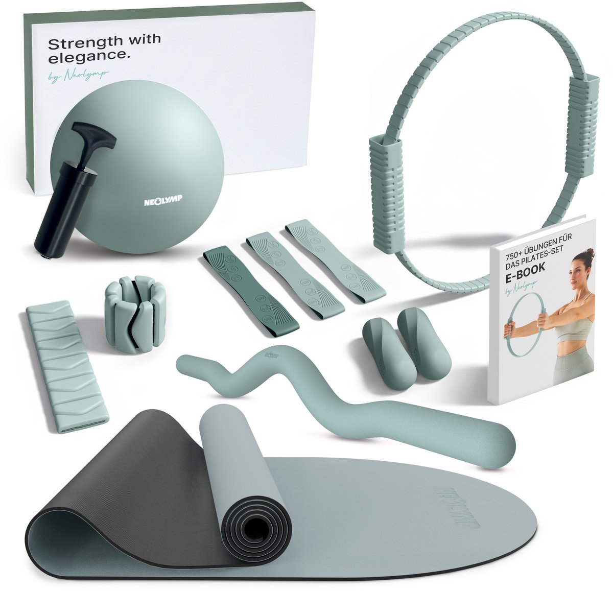 NEOLYMP Pilates Pro set met SZ-stang 6,8 kg, mat, ring, bal, banden & halters