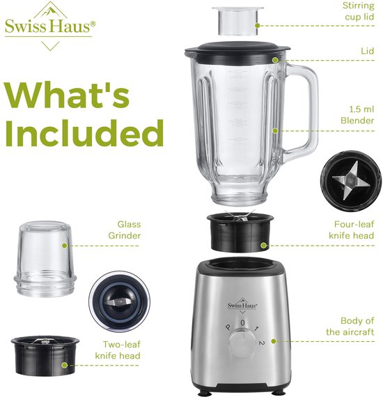 Swiss Haus® BL2215 Blender - 500W Smoothie Maker - 1.5L Glazen Kan & Grinder - RVS Messen - 2 Snelheden + Pulse - Vaatwasbestendig - Veiligheidsmicro-schakelaar - RVS van Swiss Haus — afbeelding 4