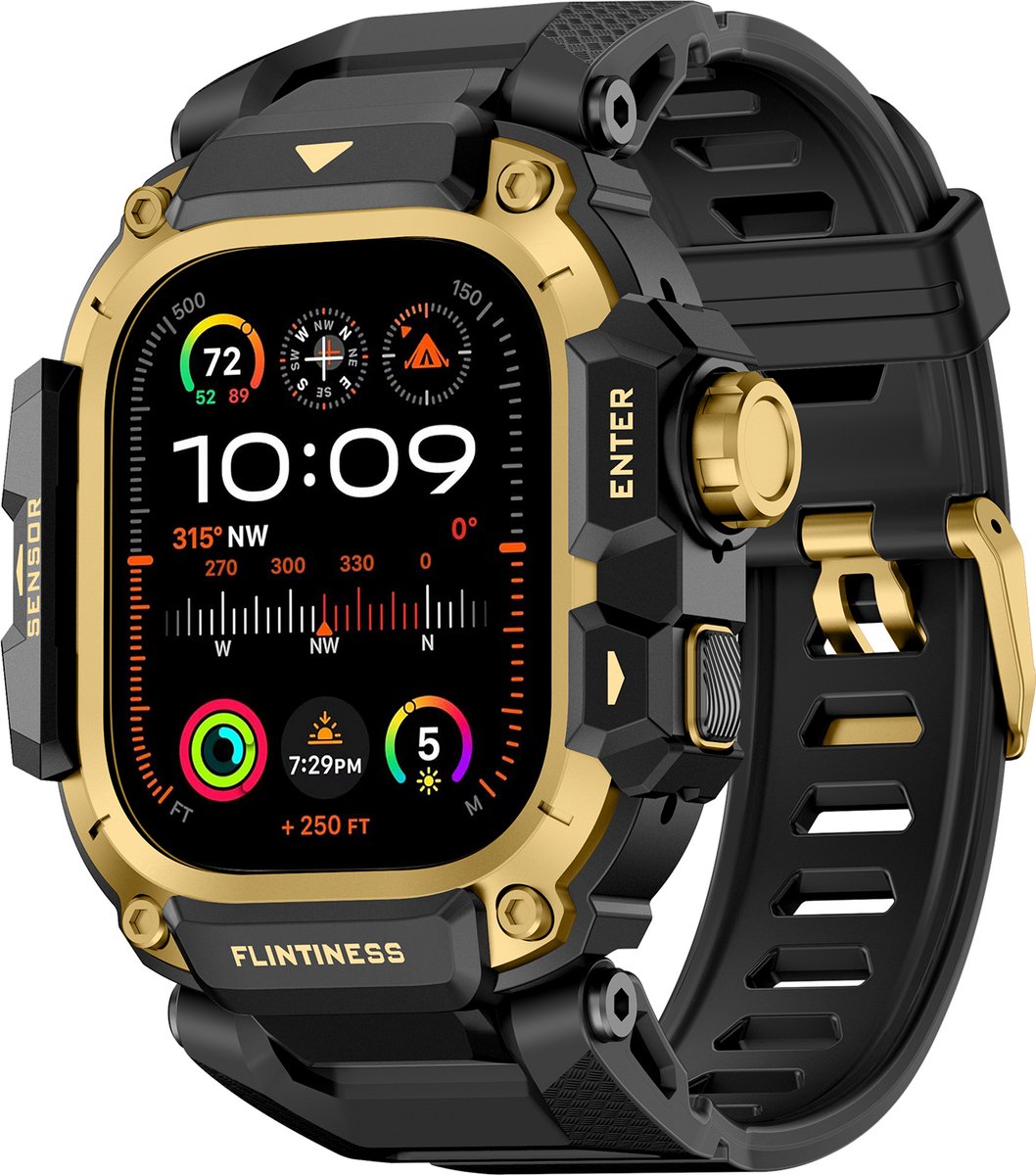 Stravo Metalen Beschermhoes met TPU Sport Bandje – Geïntegreerde Horlogeband – Geschikt voor Apple Watch Ultra 49mm (Ultra 3 / 2 / 1) – Rugged Design – Zwart / Goud