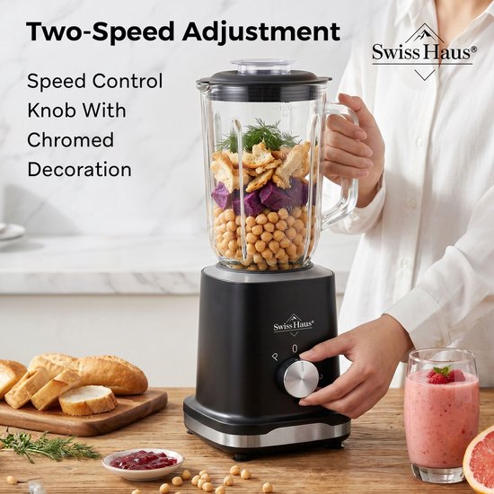 Swiss Haus® BL2315G Blender - 500W - 1.5L Glazen kan - Smoothie maker & Grinder - 2 Snelheden + Pulse - RVS Messen - Vaatwasbestendig - BPA Vrij - Zwart van Swiss Haus — afbeelding 3