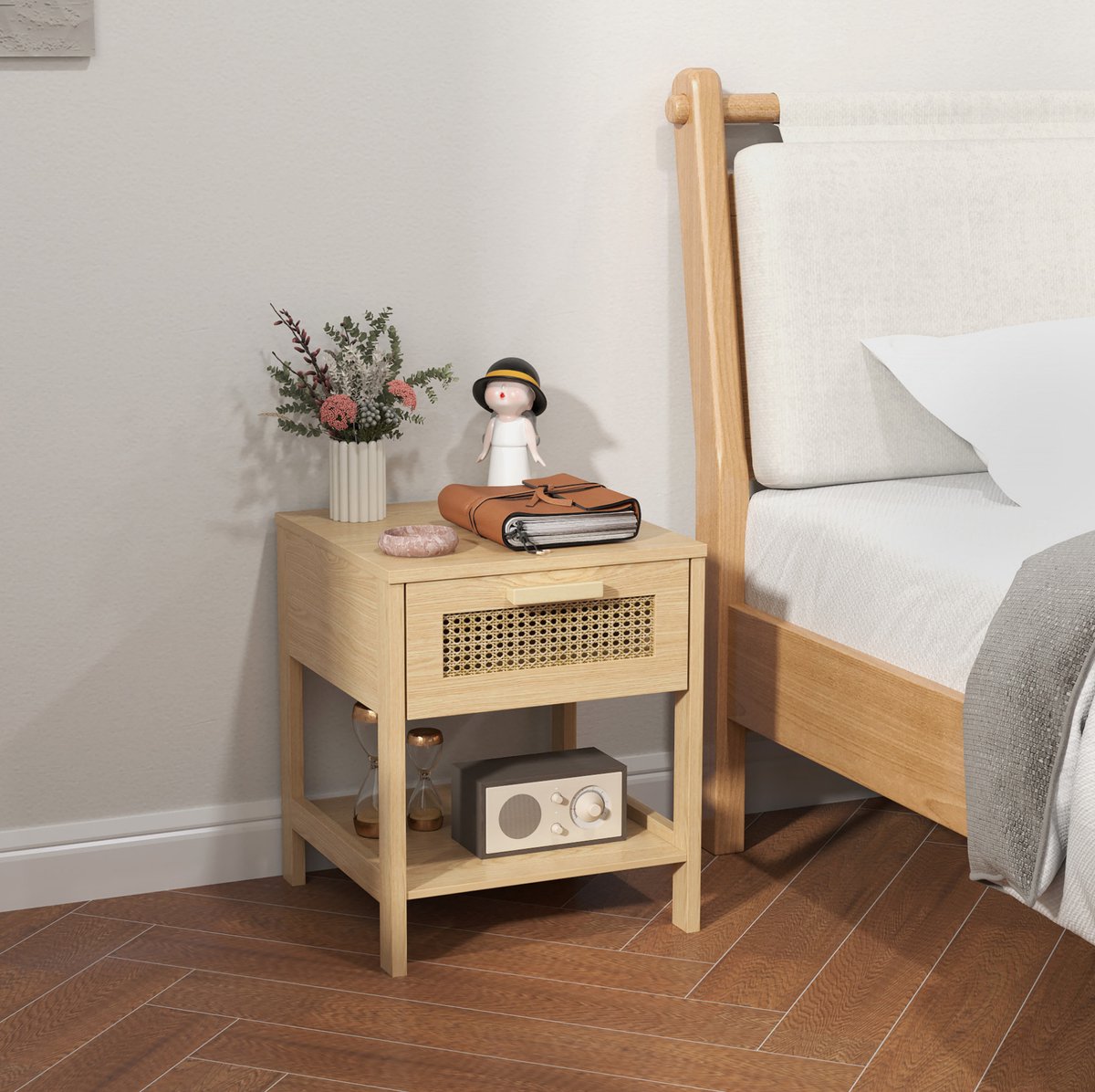 STILVORA Nachtkastje – Rieten Lade En Open Vak – Compact Voor Slaapkamer En Woonkamer – Hout – Naturel – 40 X 40 X 48,4 Cm natuurlijk houtkleurig