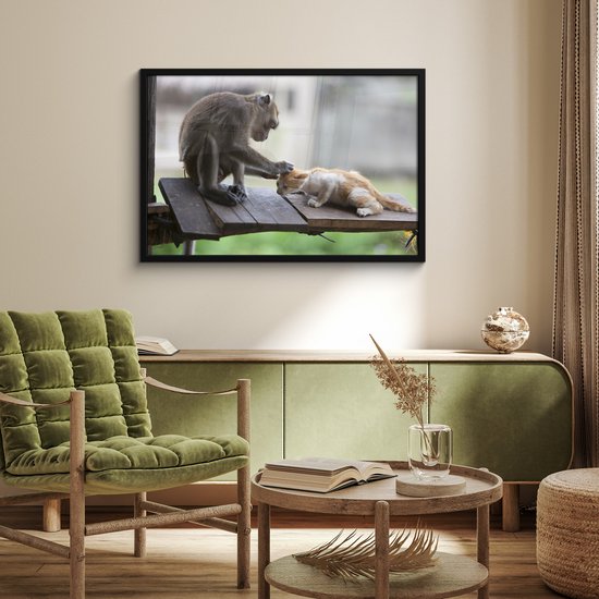 Poster in lijst - Fotolijst 90x60 cm - Posters - Kat - Aap - Hout - Posterlijst zwart - Decoratie - Wanddecoratie woonkamer - Muurdecoratie slaapkamer