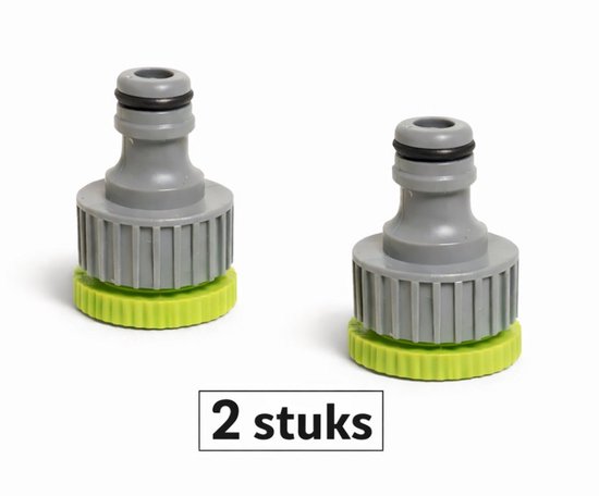 Twee grijze slangkoppelingen met groene schroefdraad, 2 stuks.
